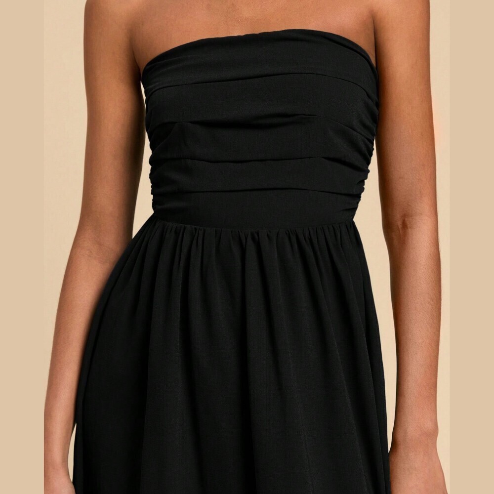 Black Strapless Midi Dress with Ruched Bodice - Picture 5 of 6